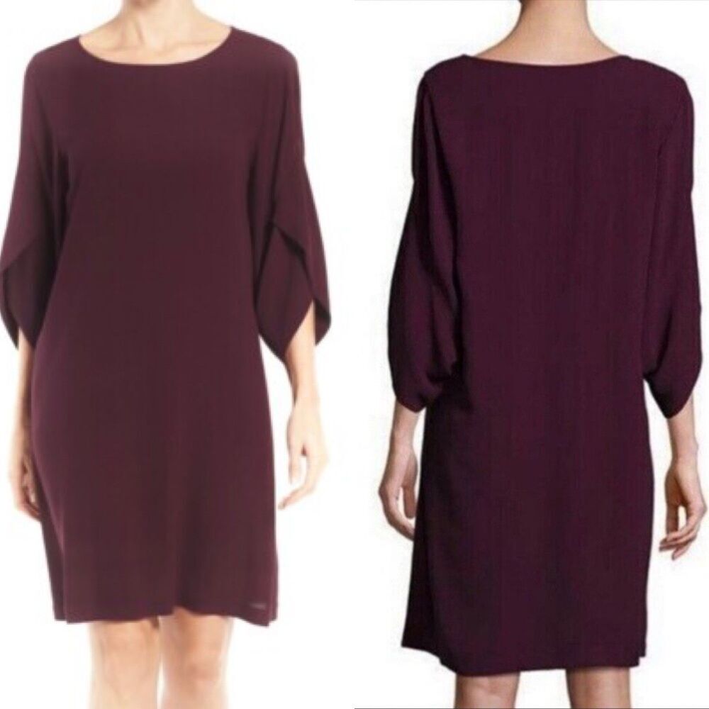 Eileen Fisher Women Size L Cassis Tulip Sleeve Jersey Knit Shift Dress Casual